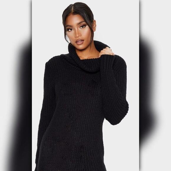 B3 / A308 • Black Cowl Neck Cable Knit Tunic Sweater Dress - Picture 3 of 5